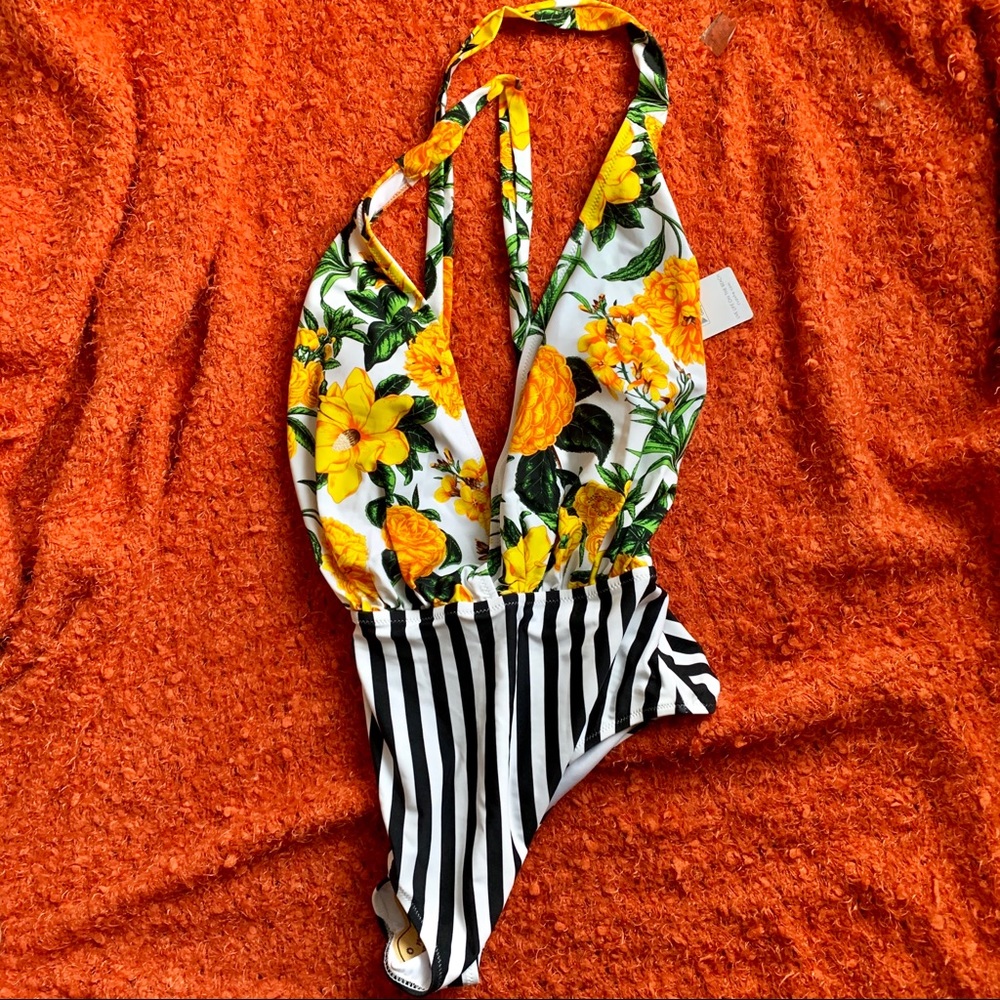BRAND NEW RETRO STYLE STRIPED FLORAL ONE PIECE NWT